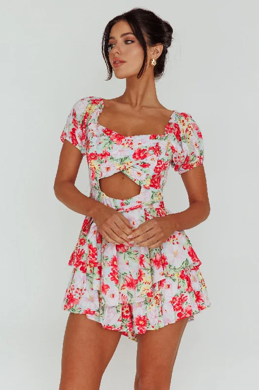 Plus Size Women Dress with a Flattering A - Line Cut for Comfort and StyleWhimsical Cut-out Bodice Romper Floral Pink