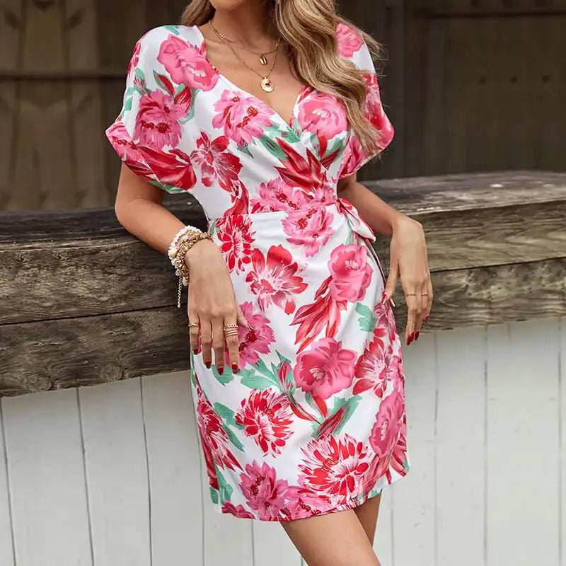 Plus Size Women's Ruffled Hem One - Pieces in Pink for a Feminine and Flirty Summer OutfitLadies Fashion Short One Piece Floral Print Dress