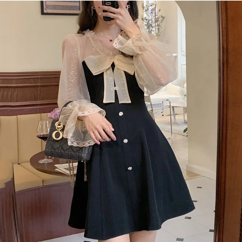 Women's Sheer Paneled One - Pieces in White for a Delicate and Elegant Evening AppearanceElegant Mini Party Dress Women Casual Bow Lace Long Sleeve Black Vintage Dress Bow Sexy One Piece Dress Korean Spring Chic