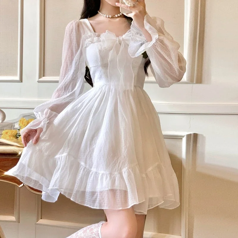 Women's Cut - Out One - Pieces in Black with Geometric Shapes for a Modern and Edgy StyleFrench Sweet Fairy Lolita Dress Women Long Sleeve Lace Y2k Mini Dress Vintage Kawaii Clothes One Piece Dress Korean Autumn