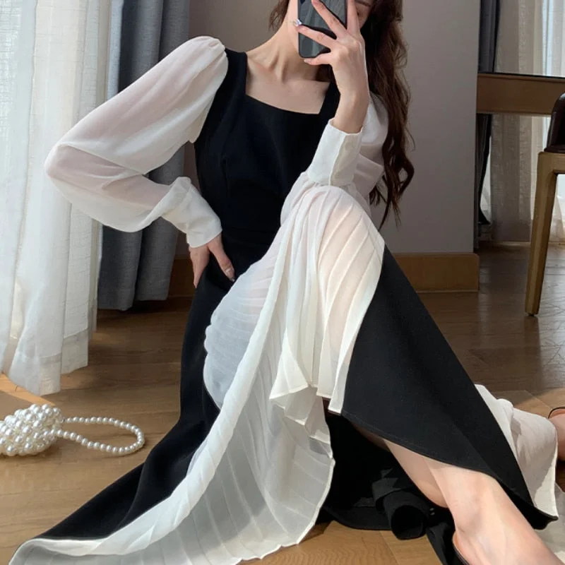 Women's Sheer Paneled One - Pieces in White for a Delicate and Elegant Evening AppearanceOffice Lady Black Elegant Dress Women French Vintage Midi Dress Casual Party One Piece Dress Korean Fashion Autumn Chic