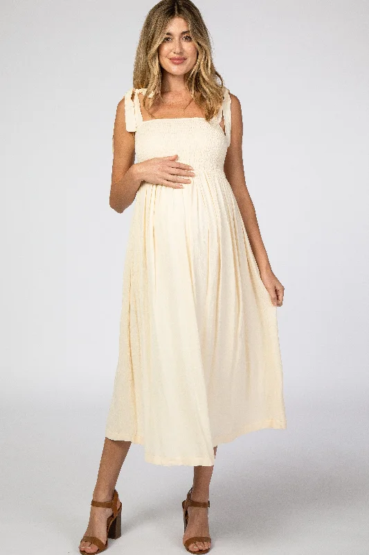 Shift Women Dress with a Simple and Classic Design for Everyday WearBeige Smocked Tie Strap Maternity Midi Dress