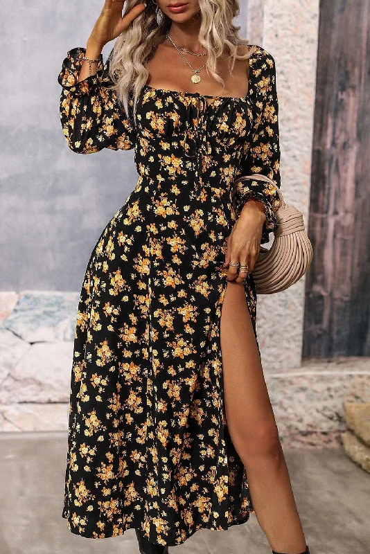 Plus Size Women Dress with a Flattering A - Line Cut for Comfort and StyleFloral Puff Sleeve Slit Dress