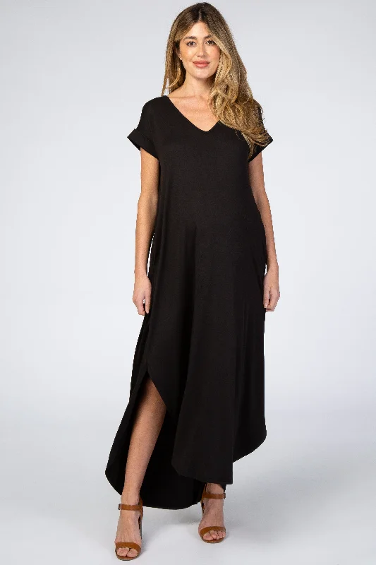 Long - Sleeve Women Dress in Velvet for a Luxurious Winter LookBlack Side Slit Maternity Maxi Dress