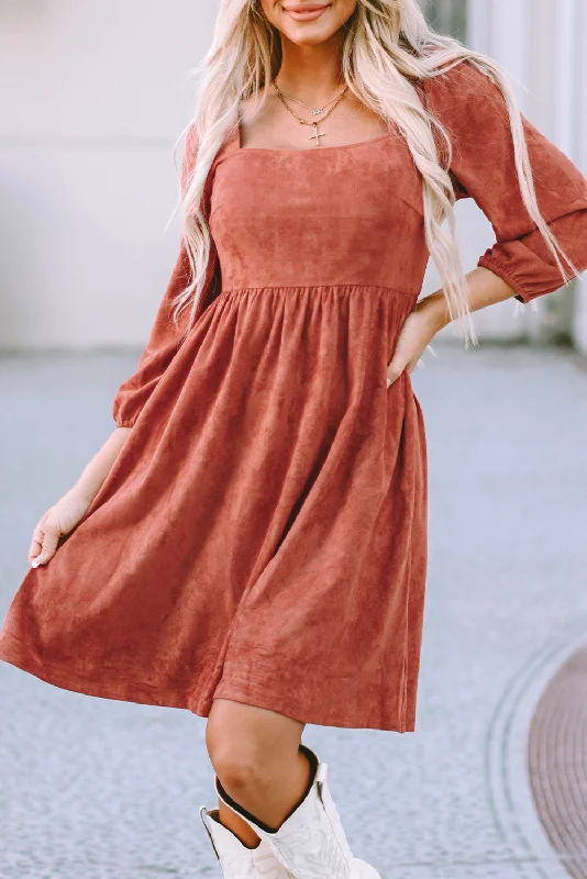 Pleated Women Dress with a Timeless and Elegant TextureSuede Shirred Puff Sleeve Dress