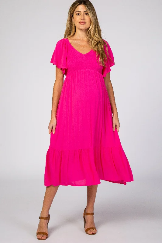 Sleeveless Women Dress in Bright Colors for Summer PartiesFuchsia Smocked Ruffle Maternity Dress