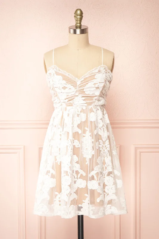 Pleated Women Dress with a Timeless and Elegant TextureGanna | Short White Mesh Dress w/ Floral Embroidery