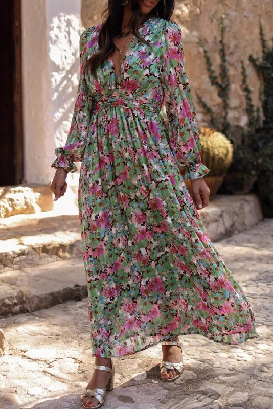 Ball Gown Women Dress with a Full Skirt for a Princess - like LookFloral Ruched Waist Maxi Dress