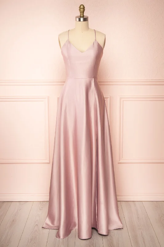 Sheath Women Dress with a Tailored Fit for a Professional LookJulia Mauve | Satin Maxi Dress w/ High Slit