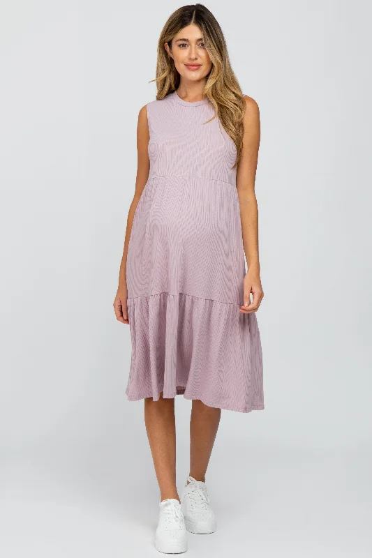 Lace - Embellished Women Dress for an Elegant and Sophisticated AppearanceLavender Ribbed Sleeveless Maternity Midi Dress