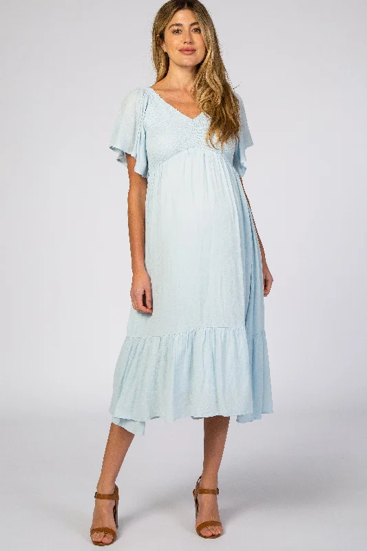 Ruffled Women Dress with Multiple Layers for a Playful and Girly StyleLight Blue Smocked Ruffle Maternity Dress