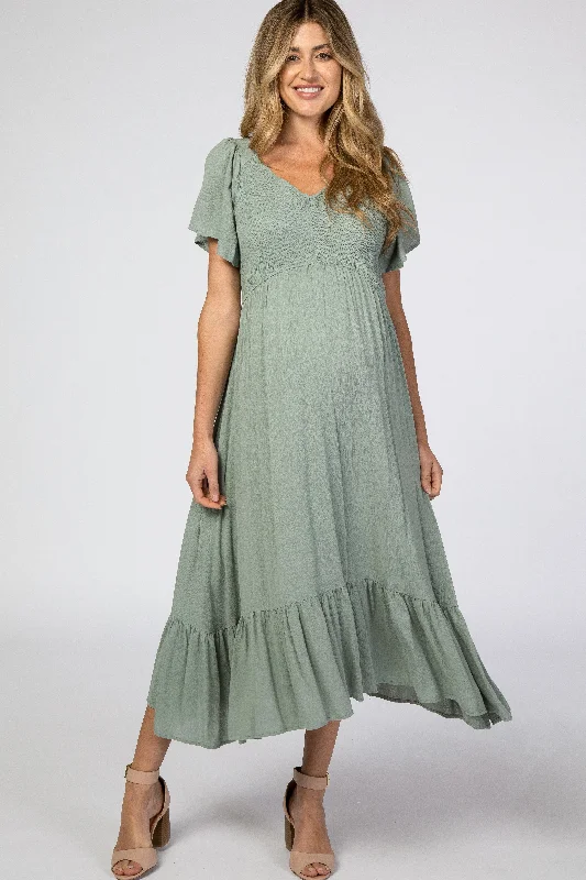 Mermaid - Style Women Dress with a Fitted Silhouette for Special OccasionsLight Olive Smocked V-Neck Maternity Midi Dress