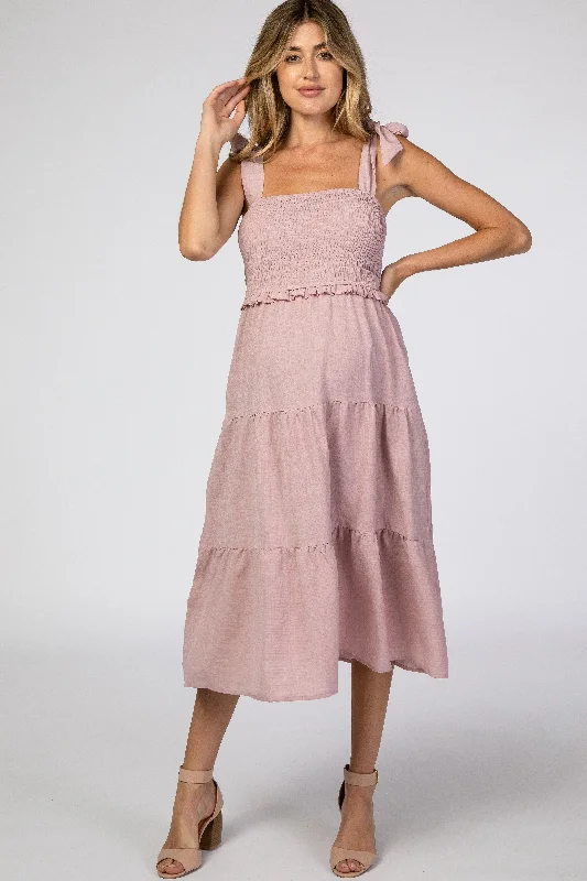 Ruffled Women Dress with Multiple Layers for a Playful and Girly StyleMauve Bow Strap Tiered Maternity Midi Dress