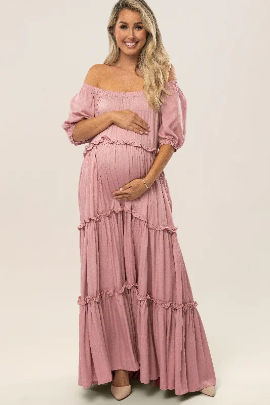 Backless Women Dress for a Sexy and Alluring Look at Evening EventsMauve Off Shoulder Ruffle Tiered Maternity Maxi Dress