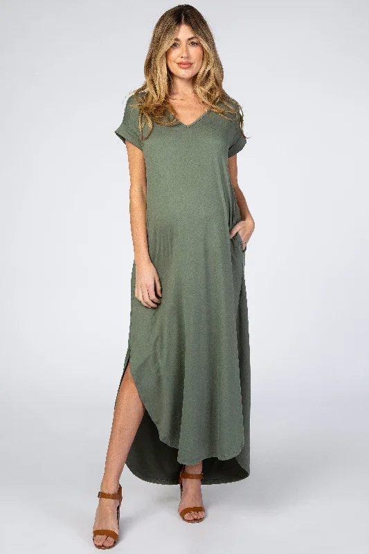 Halter Neck Women Dress to Show Off the Shoulders and NecklineOlive Side Slit Maternity Maxi Dress