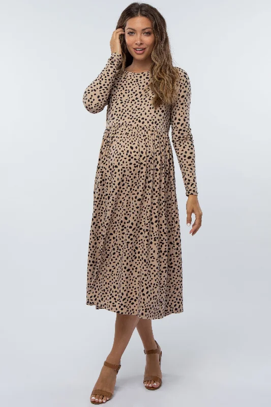 Empire Waist Women Dress to Accentuate the Bust and Conceal the WaistTaupe Abstract Animal Print Maternity Midi Dress