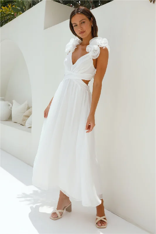 Ruffled Women Dress with Multiple Layers for a Playful and Girly StyleWhimsical Romance Midi Dress White