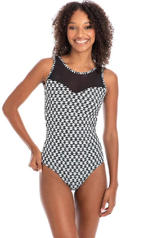 Women's Plaid Patterned One - Pieces in Red and Black for a Classic Fall LookOdessa Mesh High Neck One Piece (Black & White)