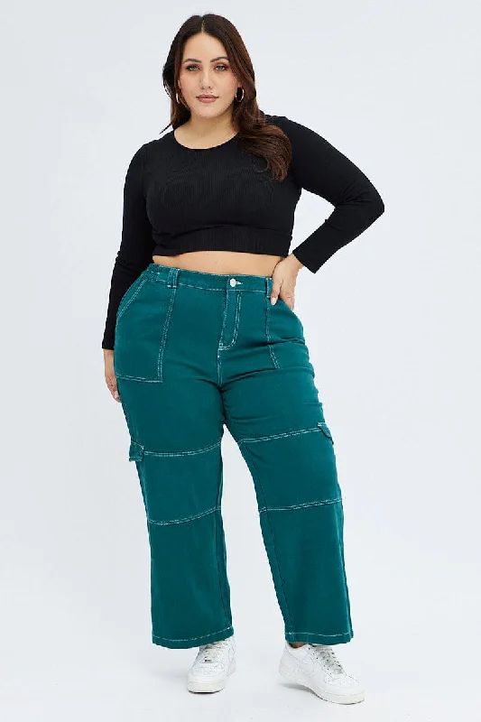 Green Cargo Denim Jeans High Rise