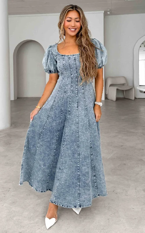 Kartford Puff Sleeve Denim Maxi Dress - Blue