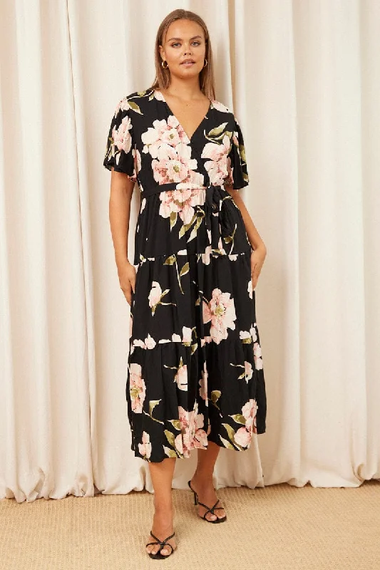 Off - the - Shoulder Women Dress for a Romantic and Feminine LookBlack Floral Maxi Dress Short Sleeve Wrap Front Tiered