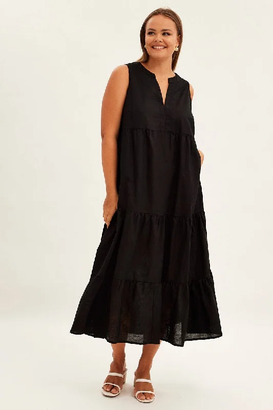 Ruffled Women Dress with Multiple Layers for a Playful and Girly StyleBlack Maxi Dress Sleeveless Tiered Linen Blend