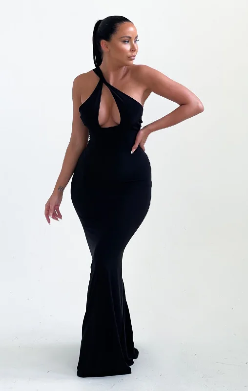 Empire Waist Women Dress to Accentuate the Bust and Conceal the WaistBlack One Shoulder Asymmetric Strap Cut Out Bodycon Maxi Dress - Darcie