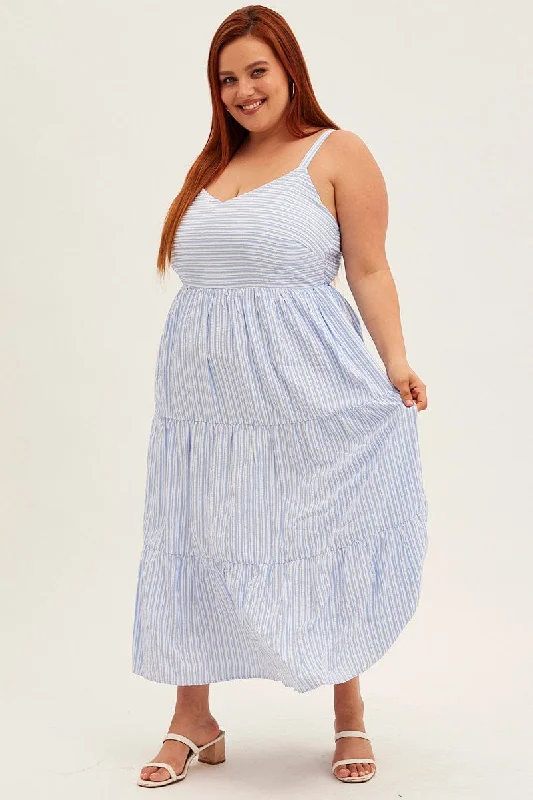 Halter Neck Women Dress to Show Off the Shoulders and NecklineBlue Stripe Maxi Dress Sleeveless V-neck Tiered