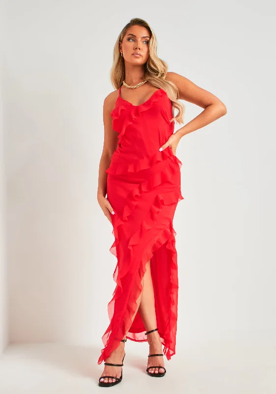 Backless Women Dress for a Sexy and Alluring Look at Evening EventsCora Red Strappy Frill Maxi Dress