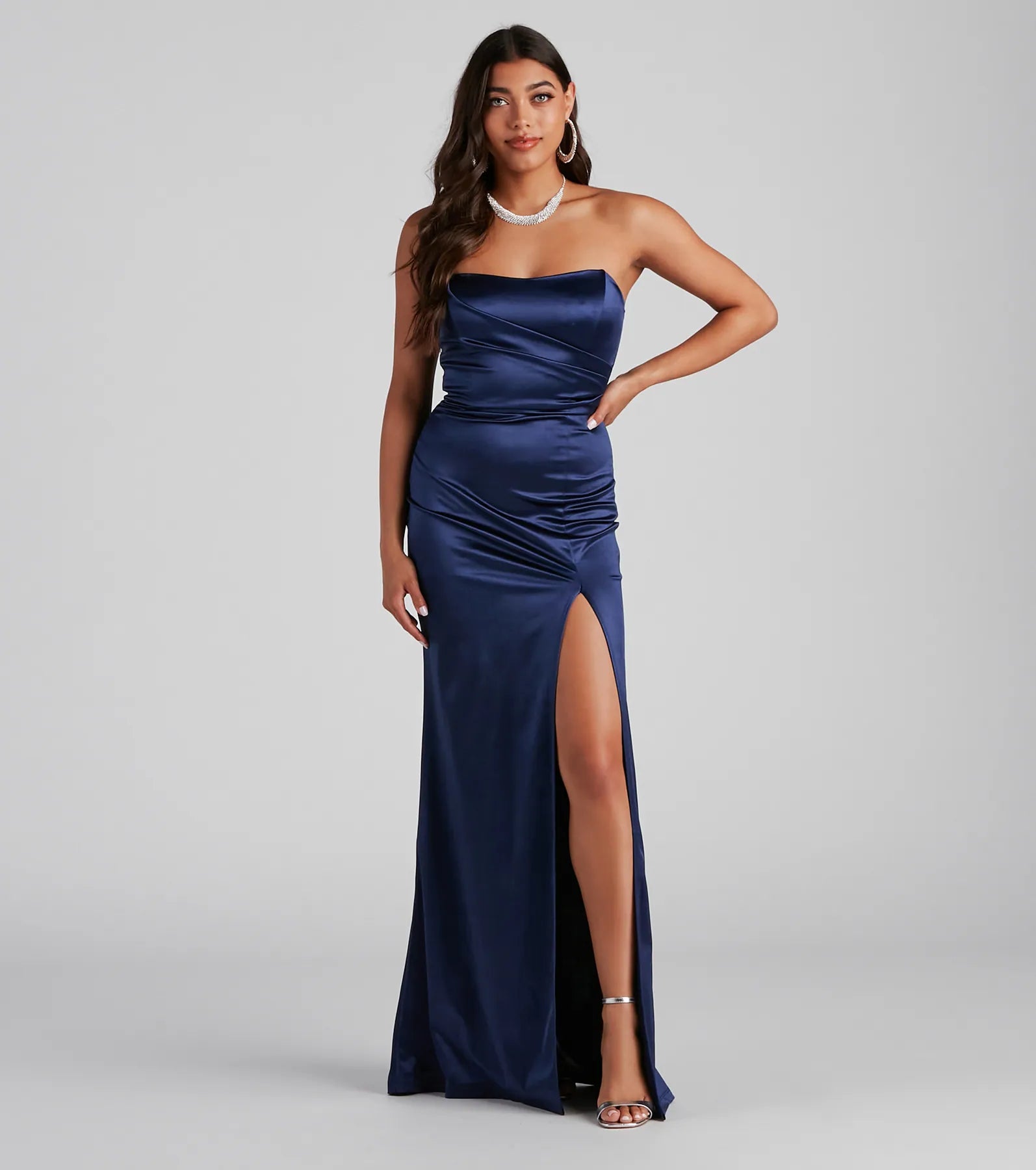 Plus Size Women Dress with a Flattering A - Line Cut for Comfort and StyleGianna Strapless High-Slit Satin Dress