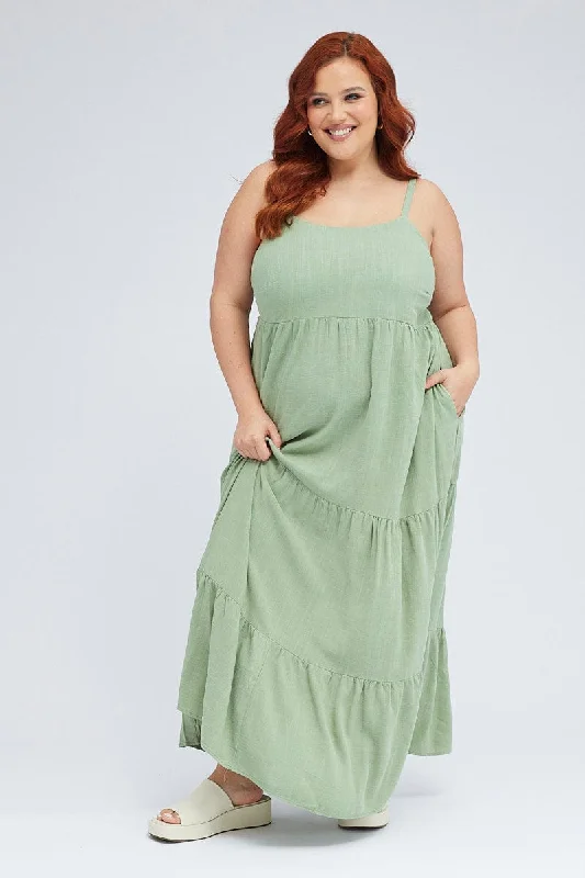 Empire Waist Women Dress to Accentuate the Bust and Conceal the WaistGreen Maxi Dress Sleeveless Tiered Linen Blend