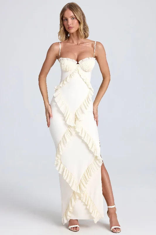 Off - the - Shoulder Women Dress for a Romantic and Feminine LookPlissé Ruffle-Trim Maxi Dress in Ivory