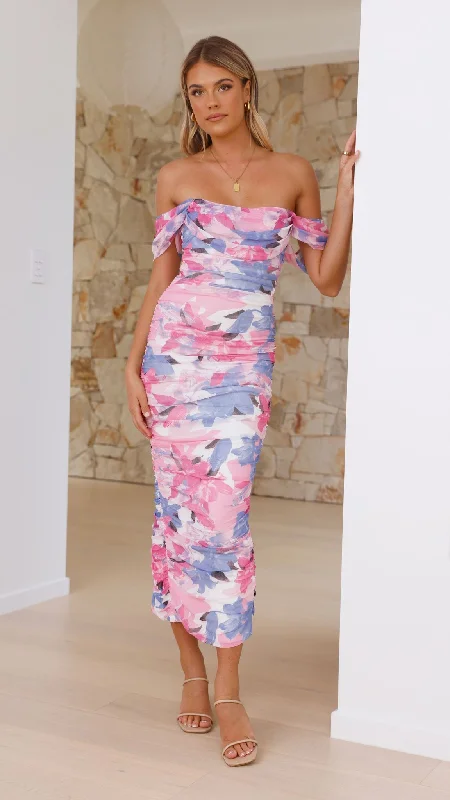 Strapless Women Dress with a Built - in Bra for Comfort and SupportKylie Maxi Dress - Pink/Blue Floral