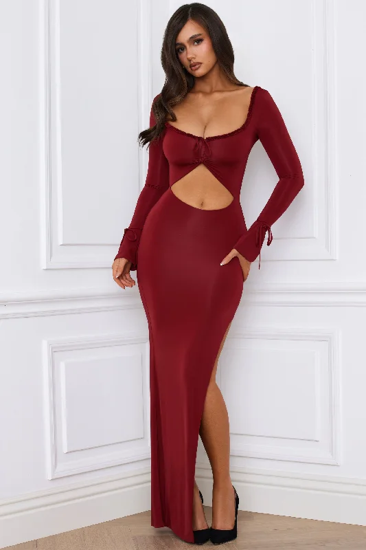 Plus Size Women Dress with a Flattering A - Line Cut for Comfort and StyleRuffle-Trim Cut-Out Maxi Dress in Berry Red