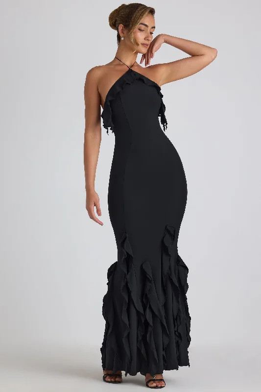 Shift Women Dress with a Simple and Classic Design for Everyday WearRuffle-Trim Halterneck Gown in Black