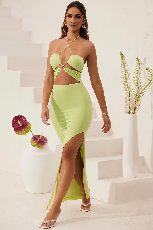 Mini Women Dress with a Short Hem for a Young and Trendy StyleCut Out Halter Neck Floor Length Maxi Dress in Lime Green