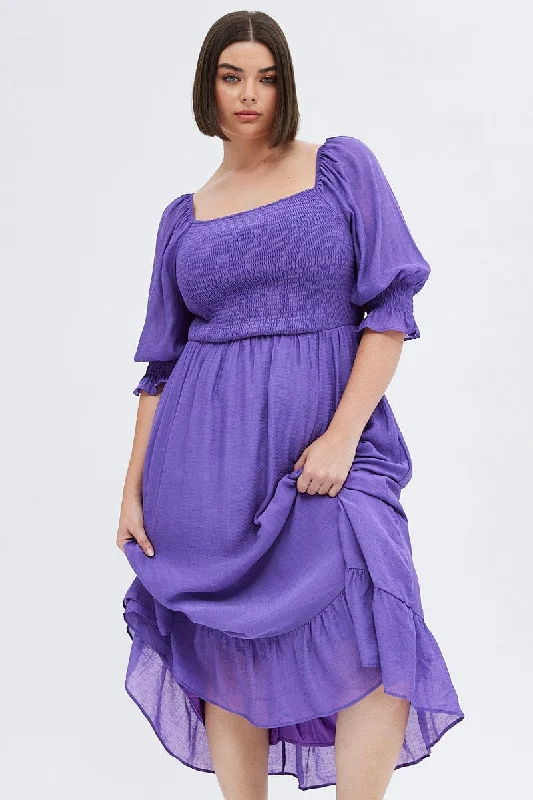 Plus Size Women Dress with a Flattering A - Line Cut for Comfort and StylePurple Maxi Dress Half Sleeve Shirred