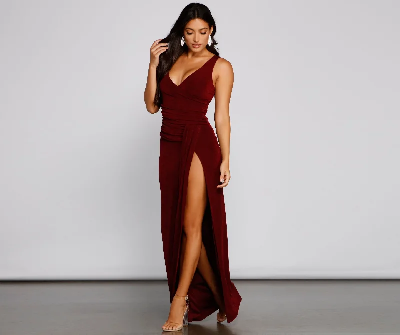 Pleated Women Dress with a Timeless and Elegant TextureSerena Formal High Slit Lurex Dress