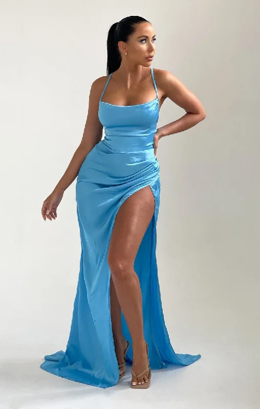 Sheath Women Dress with a Tailored Fit for a Professional LookSky Blue Strappy Satin Side Split Maxi Dress - Karina