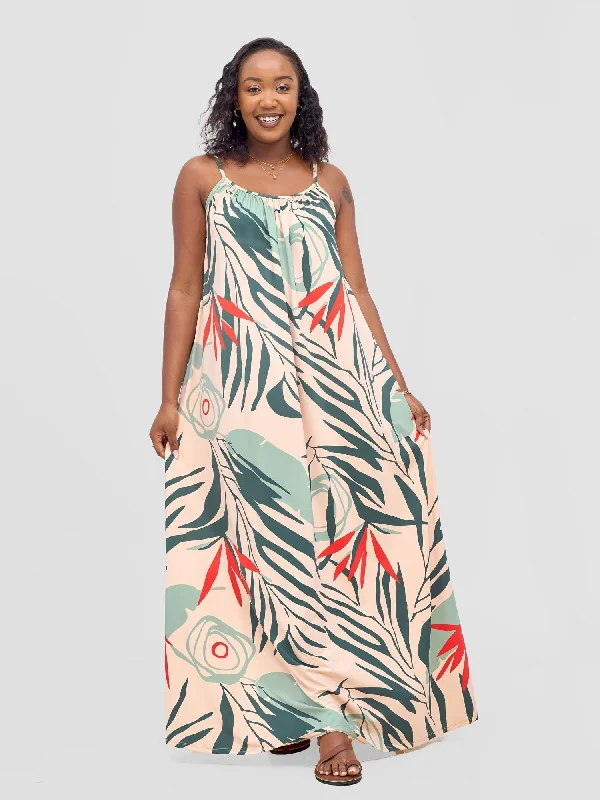 Plus Size Women Dress with a Flattering A - Line Cut for Comfort and StyleVivo Sarabi Strappy Low Back Maxi Dress - Peach / Green Deza Print