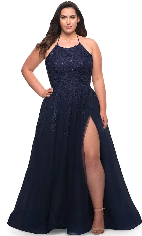 Strapless Women Dress with a Built - in Bra for Comfort and SupportLa Femme 29071 - Halter Beaded Ballgown