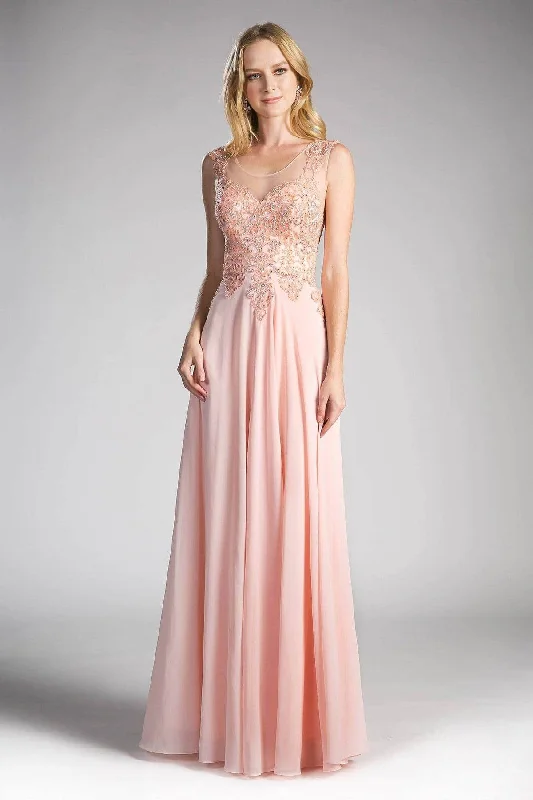 Pleated Women Dress with a Timeless and Elegant TextureLadivine 2635 - Jeweled Metallic Lace Illusion A-Line Chiffon Gown