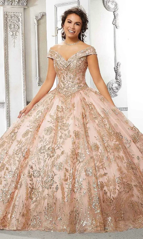 Empire Waist Women Dress to Accentuate the Bust and Conceal the WaistVizcaya by Mori Lee - 89313 Off Shoulder Glittered Ballgown