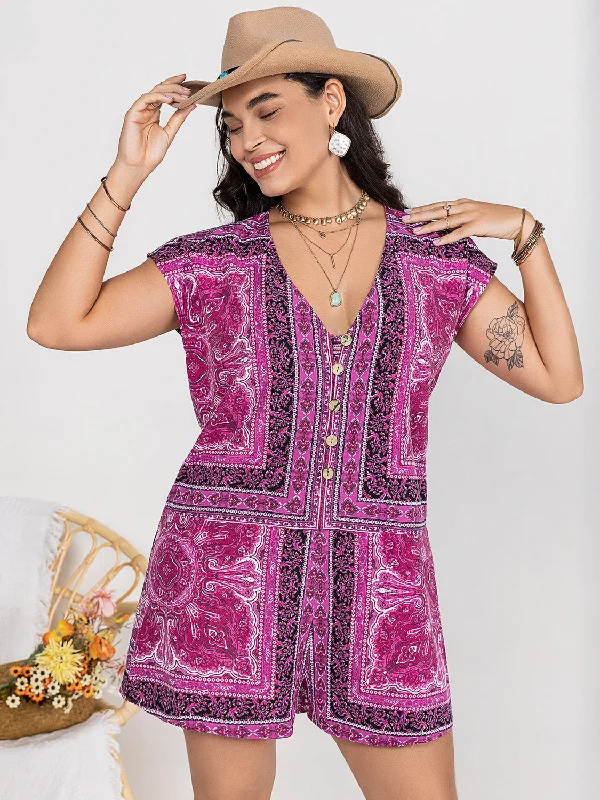 Plus Size Printed V-Neck Cap Sleeve Romper