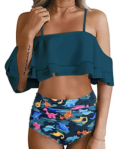 Tie - side bikini bottoms for an adjustable and stylish fitCharming High Waisted Ruffle Bikini Set For Women-Blue Green Dinosaur