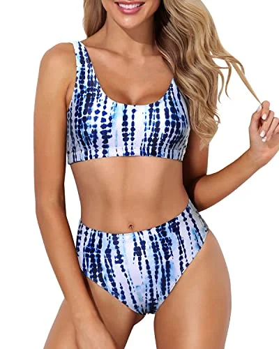 Maternity bikini for expecting mothers to enjoy the beach comfortablyHigh Cut Swimsuit Sporty Two Piece Scoop Neck Bikini For Long Torso-Blue Tie Dye