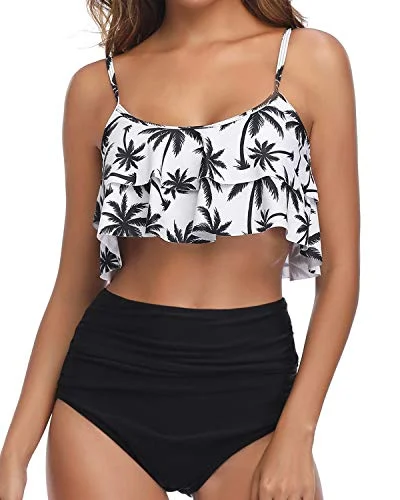 Ruched bikini with fabric gathers for a slimming effect2 Piece Bikini Set High Waisted Ruffle Flounce Top And Bottoms-Black Palm Tree