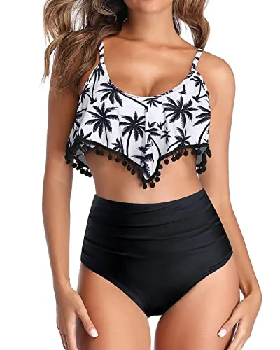 Neon - colored bikini to stand out on the beachHigh Waisted Bikini Ruched Bottom Ruffle Swimsuit For Women-Black Palm Tree