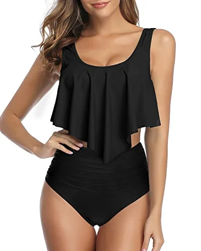 High - performance bikini with quick - drying fabric for active swimmersRuffled Flounce Top High Waisted Ruched Bottom Two Piece Bikini For Women-Black