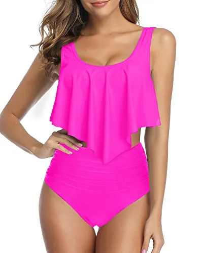 String bikini for a minimalistic and sexy beach styleAdjustable Double Straps Women Ruffled Flounce Bikini Swimsuit-Neon Pink